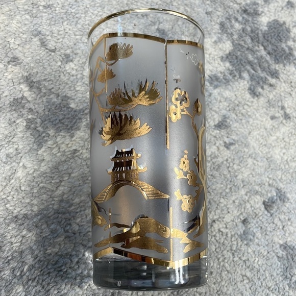Asian Gold Leaf Frosted High Ball Glasses Pagoda Lotus Tree Cocktail Set of 2 - Picture 3 of 9